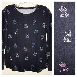 SO girls long sleeve t-shirt, navy blue with pugs and frenchie dogs all over